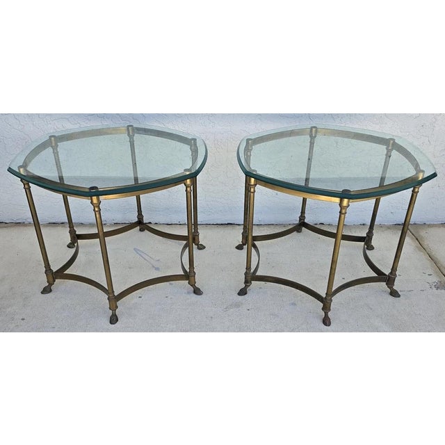 Vintage Labarge Side Tables Brass Glass Hoof Footed Octagonal Pair For Sale - Image 10 of 12