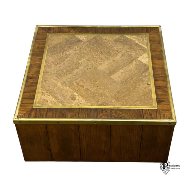 Vintage Mid Century Modern Style Coffee Table featuring High Quality Construction, Faux Marble Top, Brass Trim, and Plinth...