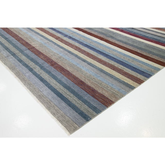 Striped Designed Modern Savannah Handmade Wool Rug in Gray For Sale - Image 11 of 12
