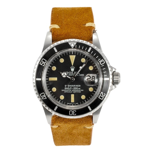 Vintage Rolex Submariner Date 40mm 1680 Brown Buttery Yellow Lume Steel Watch For Sale