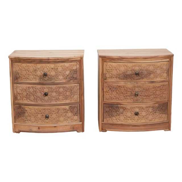 Set of 2, Reclaimed Wood Bow Front Carved Bedside Dressers For Sale