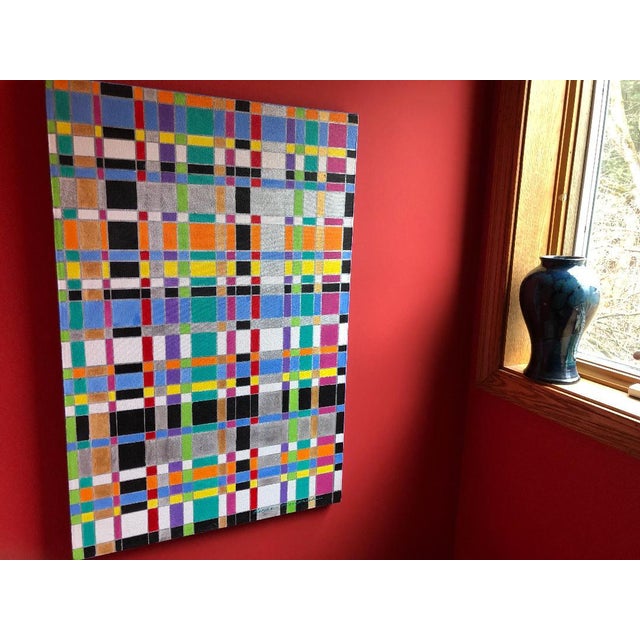 This multicolored acrylic painting on canvas highlights the design elements of color, pattern and rhythm.