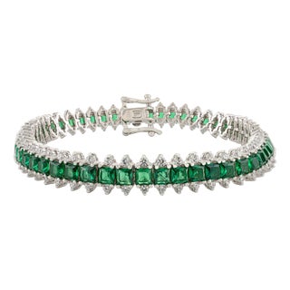 Art Deco 925 Silver Tennis Bracelet With Green & White Zirconia- 6.5 Inches For Sale