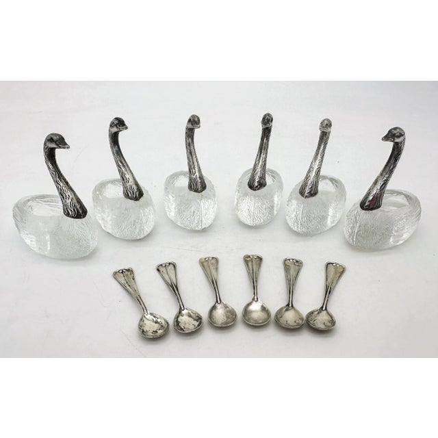 Six Carved Rock Crystal & Sterling Swan Motif Salts/ Condiments with Spoons For Sale - Image 12 of 12