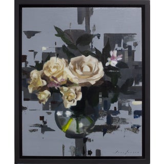 Fragmented Roses by Jon Doran | Oil on panel Still life of roses in a vase with abstract background For Sale