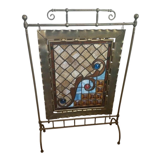 Antique Victorian Jeweled & Leaded Stained Glass Fireplace Screen For Sale