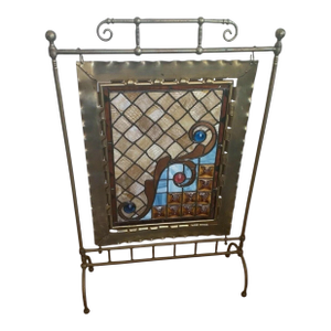 Antique Victorian Jeweled & Leaded Stained Glass Fireplace Screen