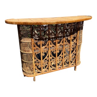 1970s Vintage Wicker Rattan Dry Bar in Boho Chic Coastal Style For Sale