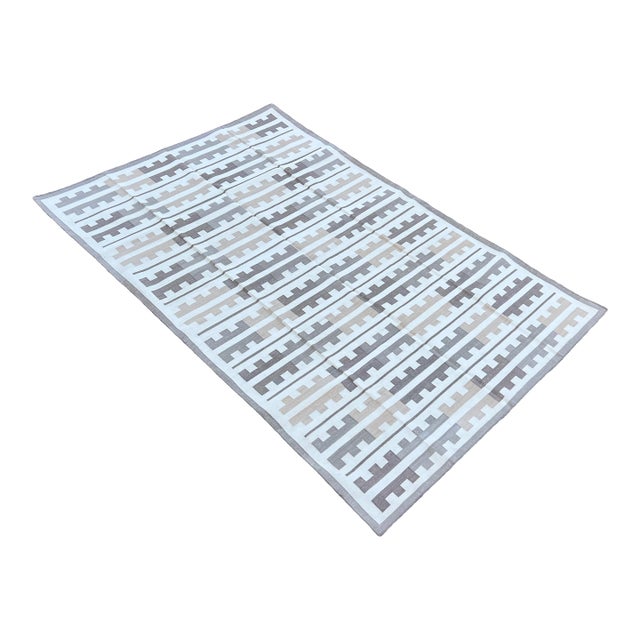 Handmade Cotton Rug, Natural Vegetable Dyed, Beige and White Marianne Rug - 6'x9' For Sale