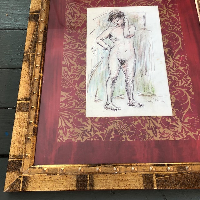 Expressionism Original Female Nude Vintage Ink & Colored Pencil Drawing 1950’s For Sale - Image 3 of 6
