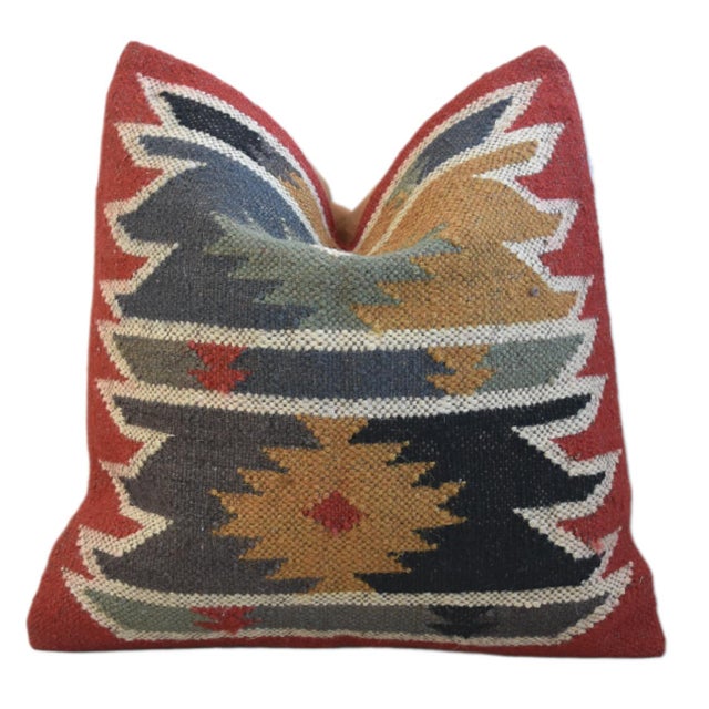 Abstract Stunning Southwestern Handwoven Kilim Feather/Down Pillow For Sale - Image 3 of 6