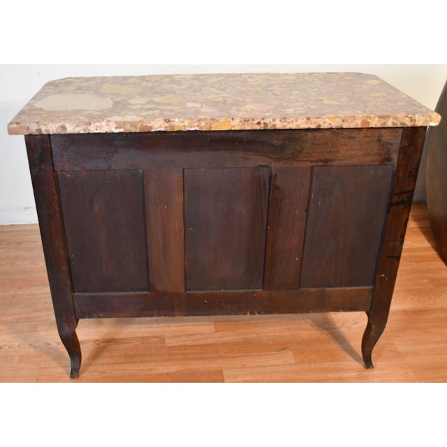 1890 Antique French Louis XV Marquetry Inlay Marble Top Dresser Chest of Drawers For Sale - Image 16 of 18