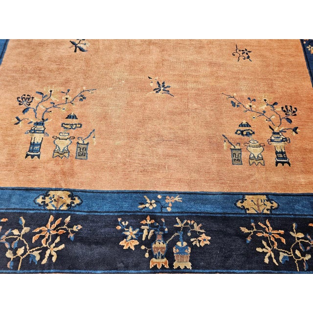 Antique Chinese Peking Rug, Hand-Knotted Wool, Pale Peach, Navy, 9' x 12' For Sale - Image 4 of 18