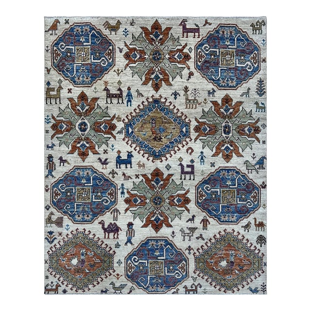 8x9.11 Kazak Design Carpet With Animals, Ivory For Sale
