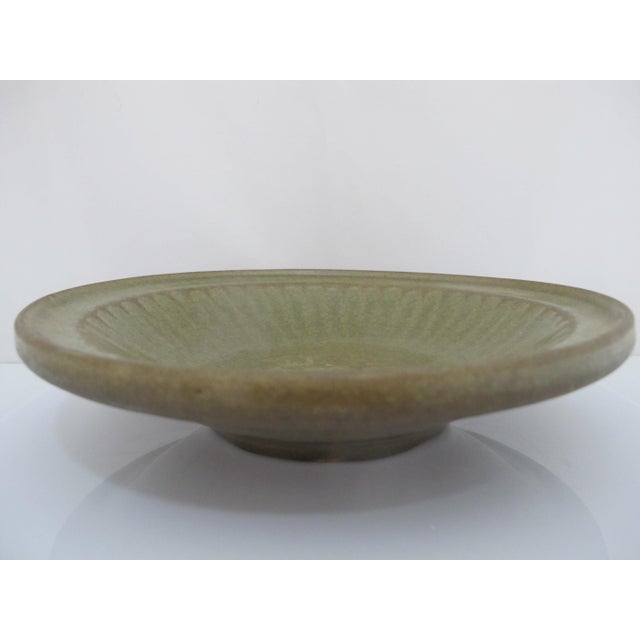 Chinese Longquan Ming Style Celadon Olive Green Fluted Shallow Bowl Dish For Sale In Portland, OR - Image 6 of 9