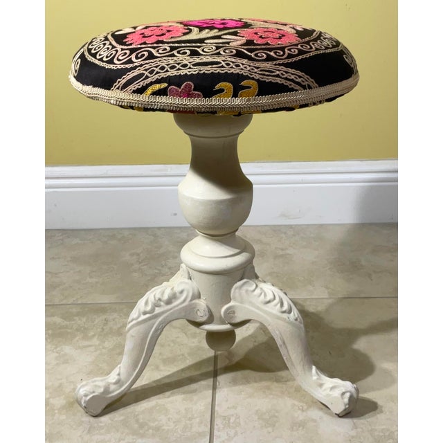 Black One of a Kind Suzani Embroidered Cast-Iron Stool - Unique Boho Accent Piece For Sale - Image 8 of 11