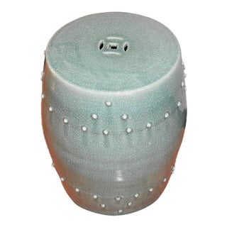 Mid 20th Century Celadon Crackle Glaze Ceramic Garden Stool / Accent Stool For Sale