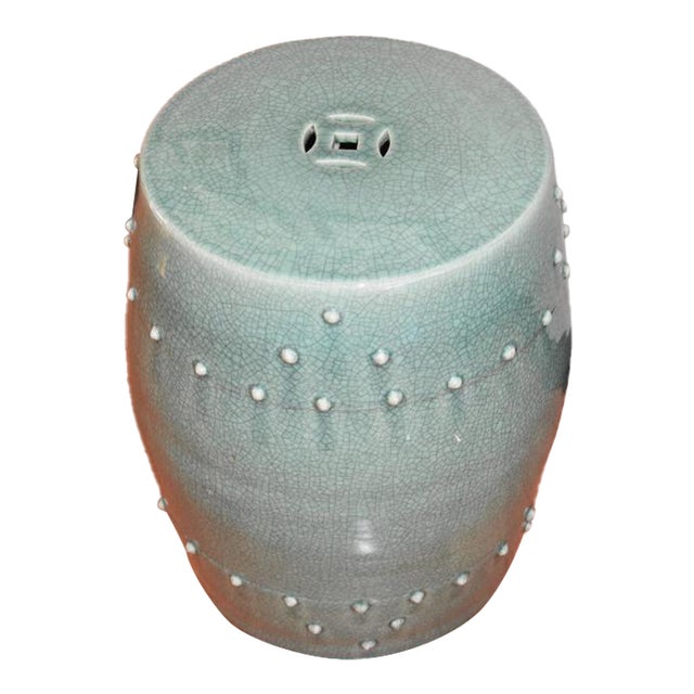 Mid 20th Century Celadon Crackle Glaze Ceramic Garden Stool / Accent Stool For Sale