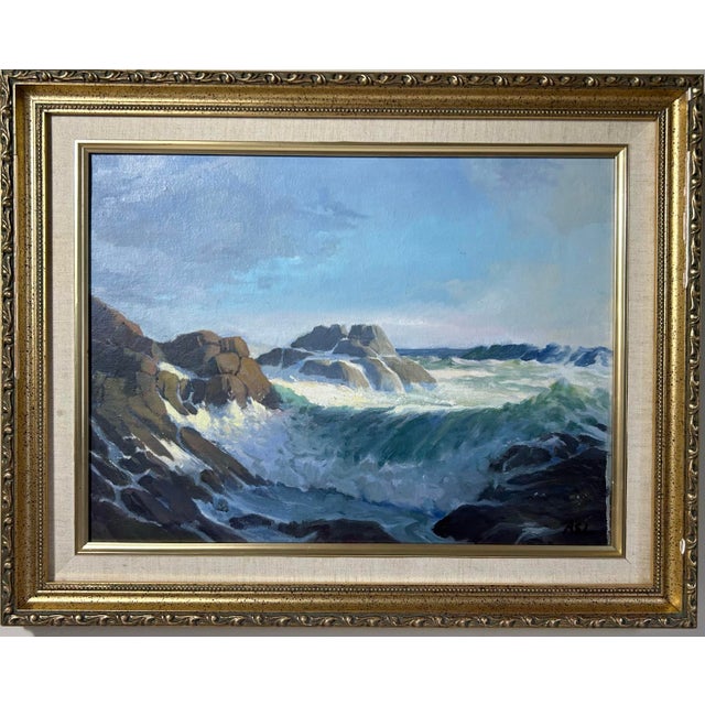 Coastal Vintage Oil Painting of a Rocky Coastal Seascape in Gold Frame For Sale - Image 3 of 6