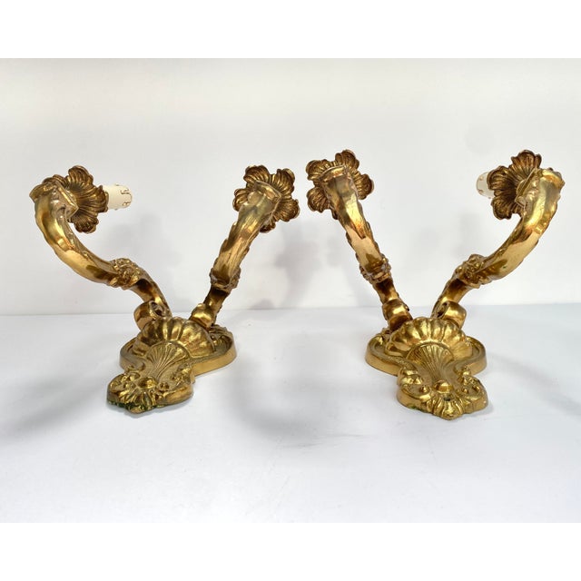 1950s Vintage French Double Arm Bronze Wall Lights, 1960s, Set of 2 For Sale - Image 5 of 8