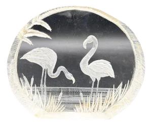 1980s Modern Flamingos in Water Round Reverse Carved Lucite Paperweight Sculpture