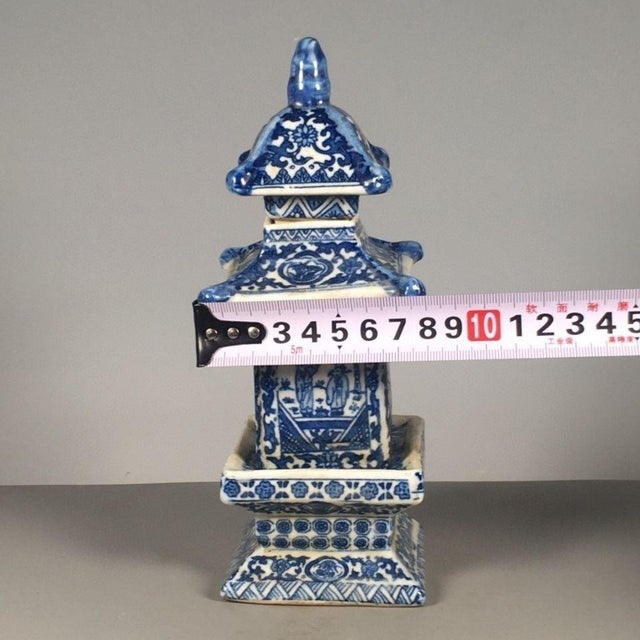 Blue Blue and White Porcelain Pagoda, Chinese Chinoiserie Pagoda Tabletop Ornament For Sale - Image 8 of 9