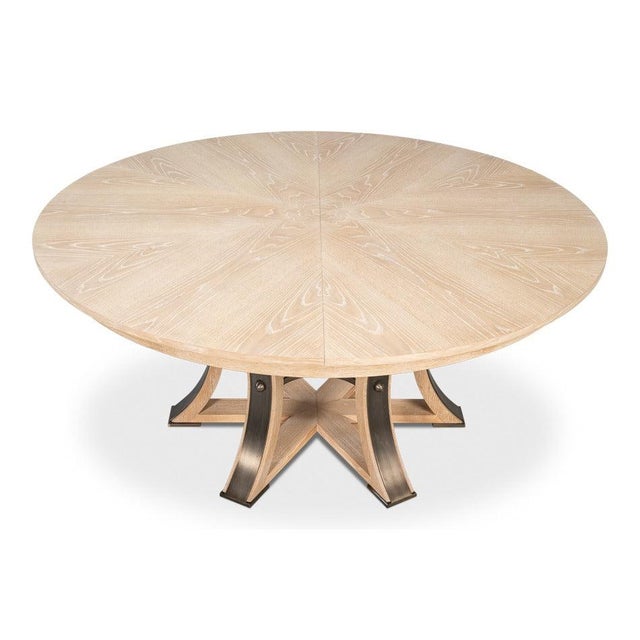 Beige Transitional Round Dining Table, Large - Bleached Oak With Hammered Iron Base For Sale - Image 8 of 11