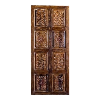 Reclaimed Wood Indian Carved Barn Door, Rustic Floral Carved Door Panel For Sale