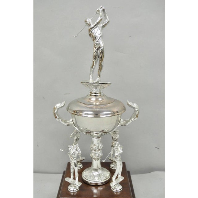 Art Deco Vintage 1970s Silver Metal & Wood Figural Golf Trophy Award Cup John Sanzari For Sale - Image 3 of 14
