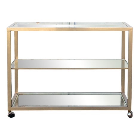 Console Table in Brass and Glass with Wheels, 1970s For Sale