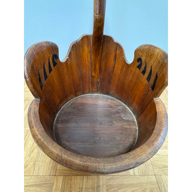 Antique Chinese Carved Wood Crane Basket | Southern China Folk Art Laundry Basket | Rustic Farmhouse Storage For Sale - Image 4 of 11