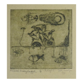 Late 20th Century Abstract Bird Creatures and Fish Etching For Sale