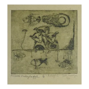 Late 20th Century Abstract Bird Creatures and Fish Etching