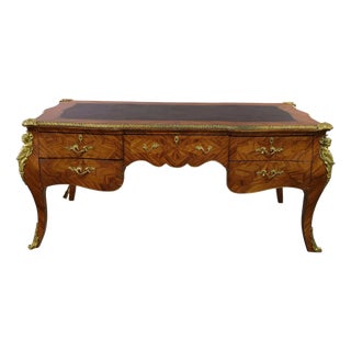 Early 20th Century French, Large, Burl Wood Veneer, Leather Top, Bronze Mount,Bureau Plat Desk! For Sale