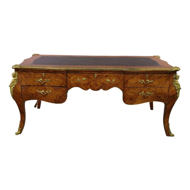 Early 20th Century French, Large, Burl Wood Veneer, Leather Top, Bronze Mount,Bureau Plat Desk! For Sale