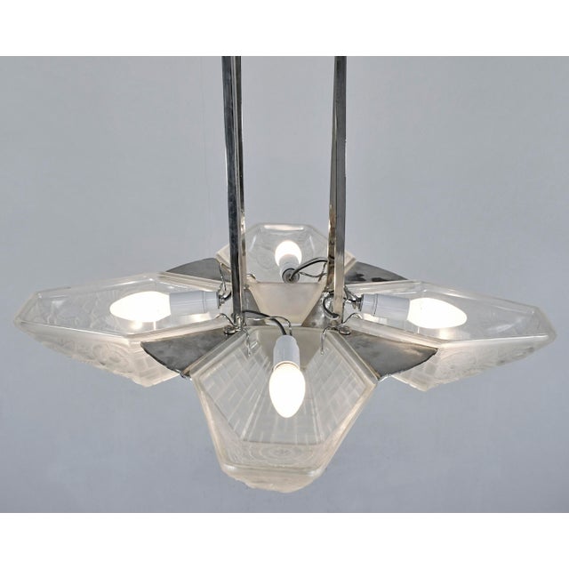 Degue & Hubens French Art Deco Chandelier 1930s - Nickeled Bronze & Frosted Slip Shades For Sale - Image 13 of 18