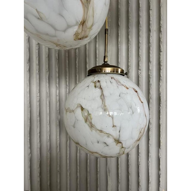 3-Globe Pendant Light in Marble-Patterned Glass and Brass, 1960s For Sale - Image 3 of 6