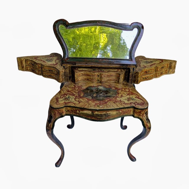 Antique Venetian Style Lacquered Wood Vanity Table and Desk With Folding Storage Wings and Mirror For Sale - Image 13 of 18