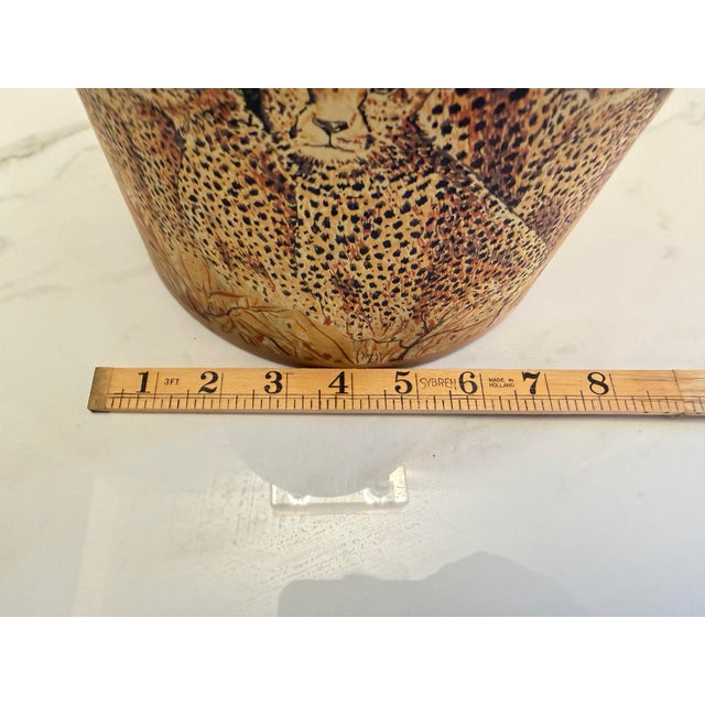 Vintage 1970s Abercrombie & Fitch Cheetah Print Ice Bucket With Faux Bamboo Handle – Retro Safari Home Decor For Sale - Image 9 of 10