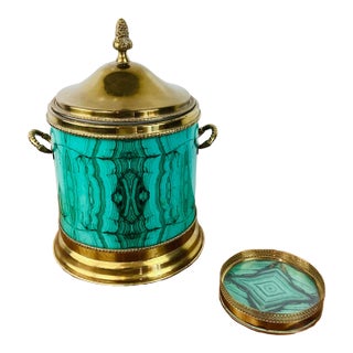 Vintage Aldo Tura Style Hollywood Regency Malachite & Brass Ice Bucket & Bottle Coaster Set / Barware For Sale