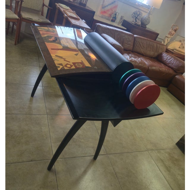 Fantastic writing desk by Italian designer Georgio Saporiti features a lacquered flip top with multicolored motif. On...