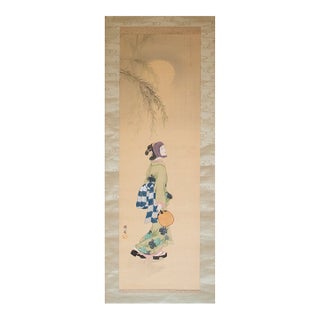 "Beauty Walking Under the Moon", Early Showa Era Japanese Silk Scroll Painting For Sale