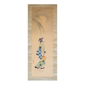 "Beauty Walking Under the Moon", Early Showa Era Japanese Silk Scroll Painting