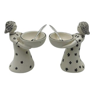 1990s Emilia Castillo "The Couple" Bisque Porcelain Salt Cellars & Sterling Spoons Set - 4 pcs For Sale