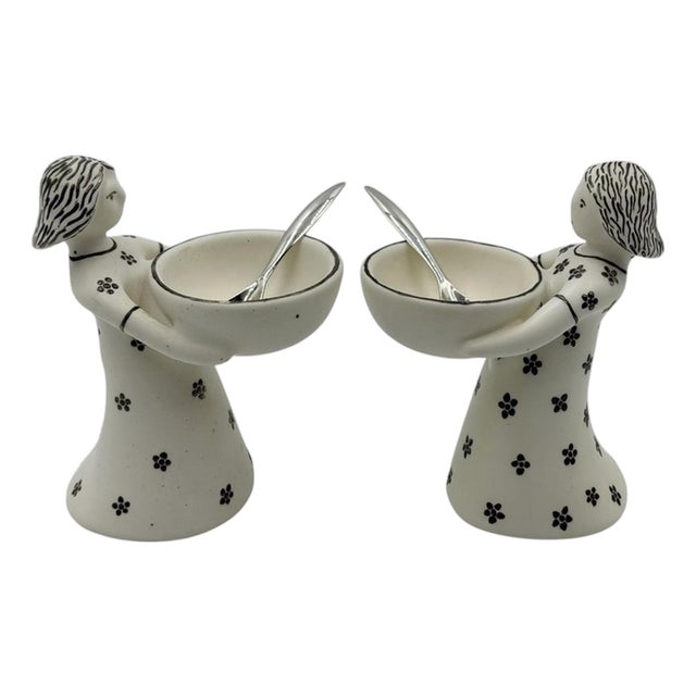 1990s Emilia Castillo "The Couple" Bisque Porcelain Salt Cellars & Sterling Spoons Set - 4 pcs For Sale