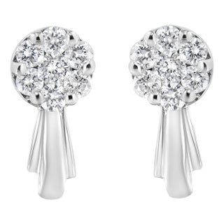 14K White Gold 3/4 Cttw Diamond Floral Cluster Drop and Dangle Stud Earrings, A Pair For Sale