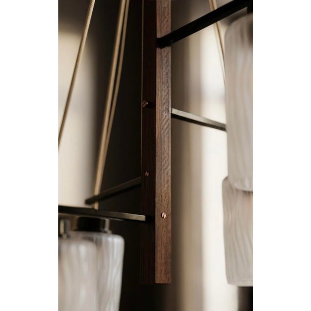 Stilnovo 1970s Mid-Century Modern Stilnovo Chandelier With Frosted Textured Glass and Teak Accents For Sale - Image 4 of 5