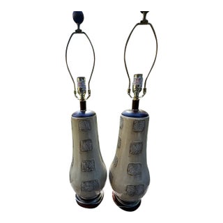 Pair of Heavy Vintage Ceramic & Wood Table Lamps by the Natural Light Co For Sale