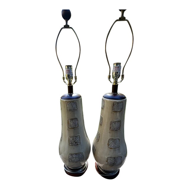 Pair of Heavy Vintage Ceramic & Wood Table Lamps by the Natural Light Co For Sale