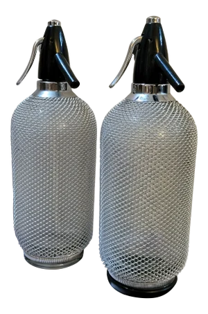 Vintage Mesh-Covered Seltzer Bottles- a Pair